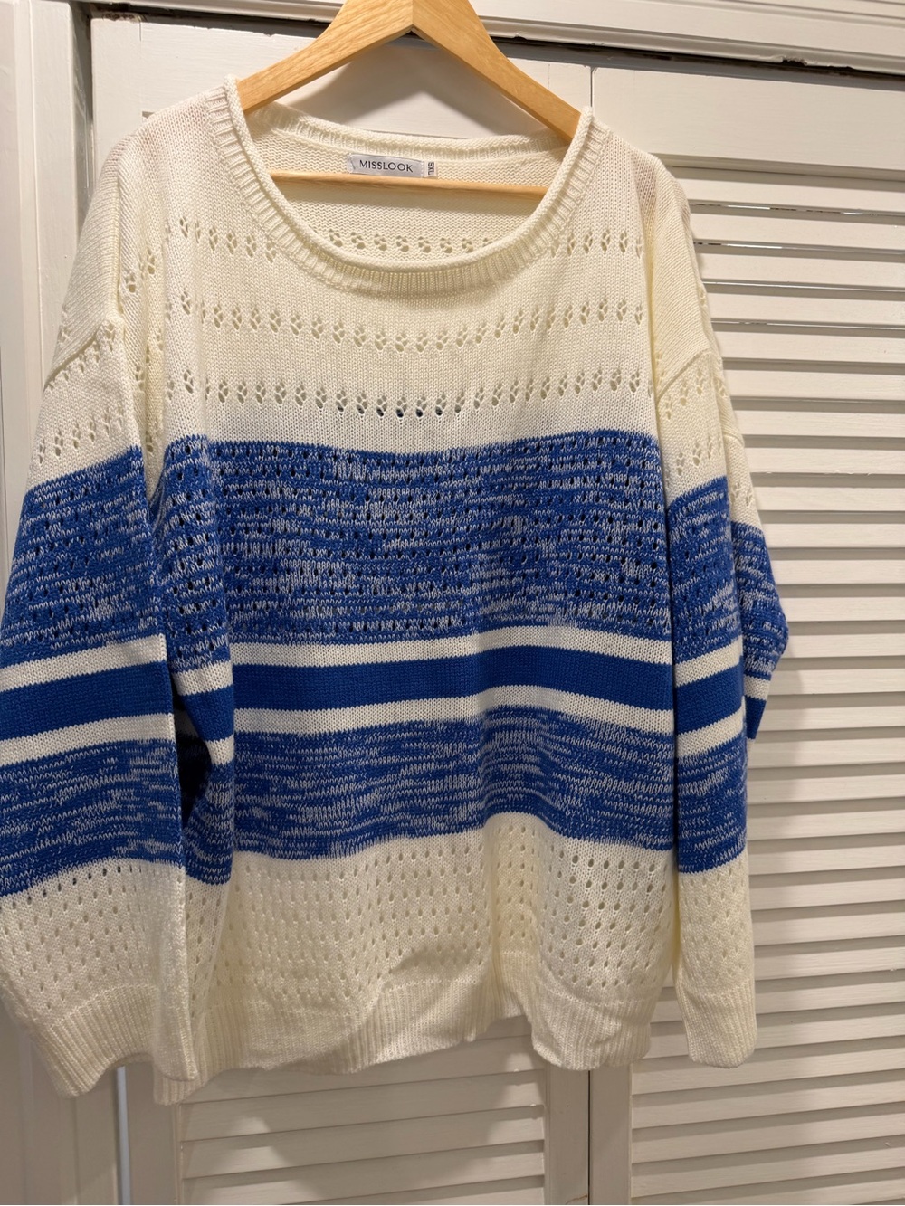 MISSLOOK Cream and Blue Striped Open-Knit Crew Sweater